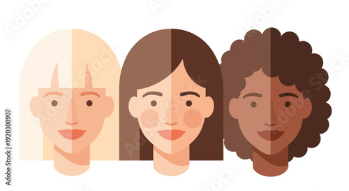 This inclusive Flat Design illustration portrays a woman's face composed of diverse skin tones and hair textures, celebrating the beauty of diversity and inclusion among women.