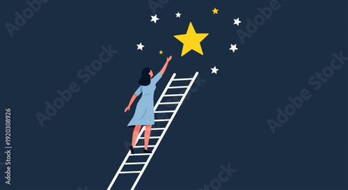 A captivating Flat Design illustration of a woman climbing a ladder to reach a star, symbolizing ambition, dreams, and the pursuit of goals. 