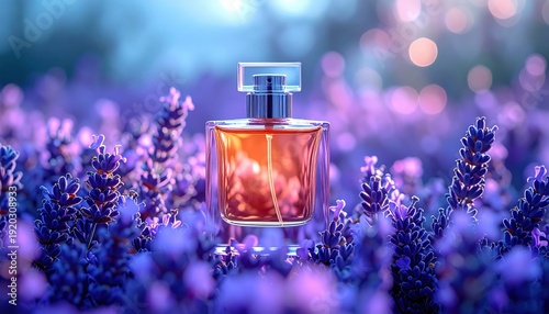 A modern sleek perfume flacon with a magnetic cap by FlyPro Firefly, elegantly placed on a bed of delicate lavender sprigs, captured in a cool photorealistic style.