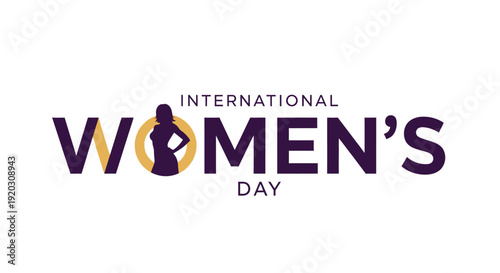 A minimalist flat design vector illustration featuring a strong woman's silhouette artistically integrated into the "International Women's Day" typography, symbolizing strength and unity. 