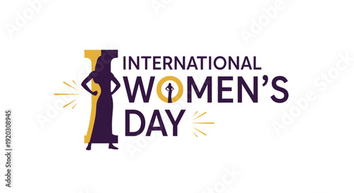 A minimalist flat design vector illustration featuring a strong woman's silhouette artistically integrated into the "International Women's Day" typography, symbolizing strength and unity. 