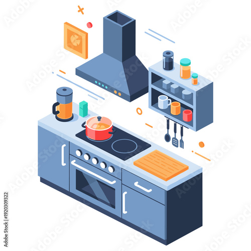 Modern kitchen isometric design with stove and utensils