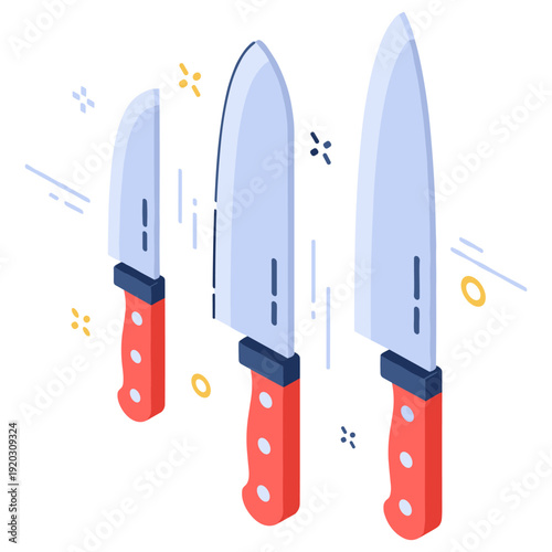 Set of three kitchen knives with red handles and stainless steel blades
