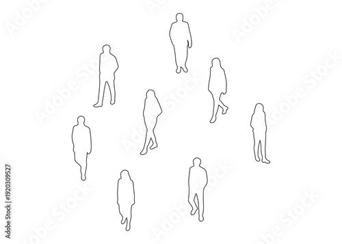 Architectural scale figures set of isometric people outline and hand drawn line art outlines for building floor plans urban design sections and elevation diagrams isolated on white background