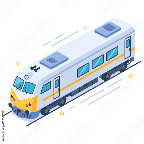 Isometric illustration of modern fast train on tracks. No editable stroke