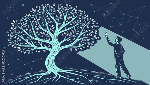 Fantasy Tree Under Starry Night Sky Digital Illustration