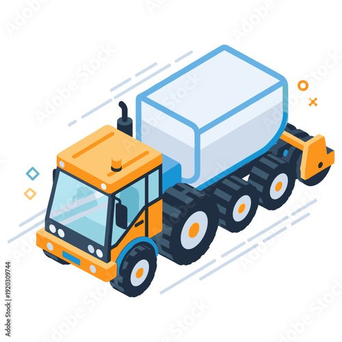 Isometric construction truck illustration with orange cabin and blue cargo unit. No editable stroke
