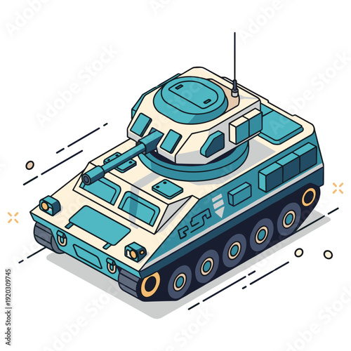 Cartoon military tank with turret and wheels in 3d style on white background. No editable stroke