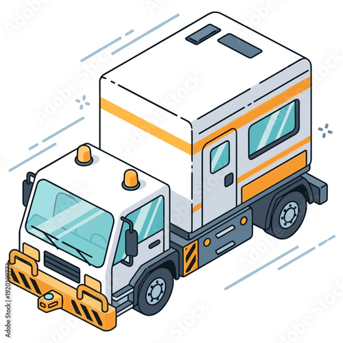 Isometric camper truck with snowplow in motion. No editable stroke