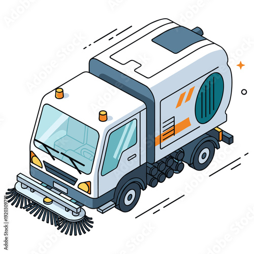 Cartoon street sweeper vehicle cleaning city roads. No editable stroke