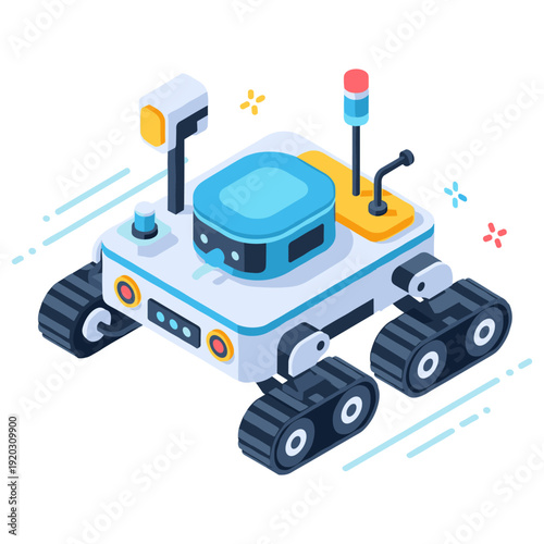 Six-wheeled robotic rover in motion with antenna and camera on white background. No editable stroke