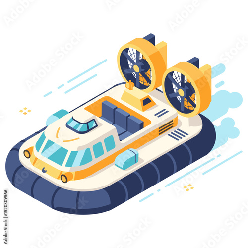 Isometric illustration of a futuristic hovercraft with dual fans. No editable stroke