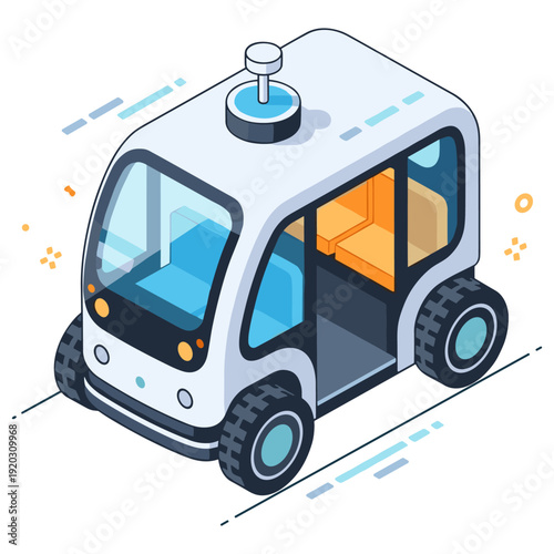 Isometric illustration of a futuristic autonomous vehicle on white background. No editable stroke
