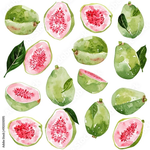 A watercolor arrangement of fresh guavas, figs and green leaves on white background. Organic