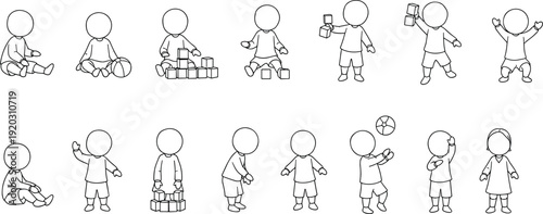 Toddler activity pose set, baby playing illustration collection, child movement vector sequence, cute kids gesture reference pack, line art