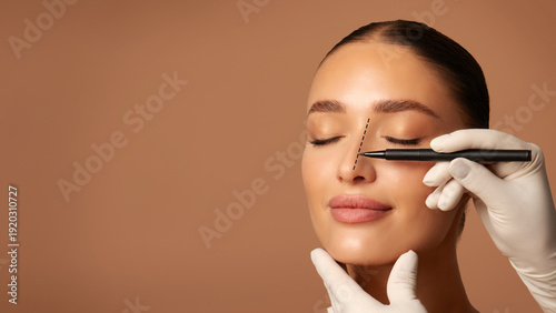 Foto Doctor making marks on female nose, young woman posing on beige studio background with closed eyes during consultation