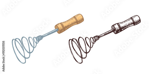 Hand drawn vintage illustration of metal whisk with wooden handle in color and monochrome versions