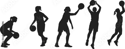 Female Basketball Player Silhouette Set Showing Dribbling, Passing, Jumping and Shooting Actions Isolated on White Background for Sports Fitness Training and Competition Concept