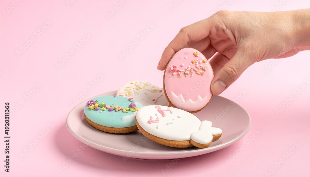 Fototapeta premium Close-up of hand picking up decorated egg-shaped cookies from plate, bright soft pastel background, lifestyle festive mood.