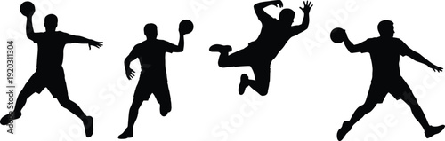 Handball Player Silhouettes Set in Dynamic Jump Throw and Defensive Action Poses Isolated on White Background for Team Sport Training Concept