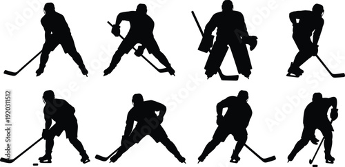 Ice Hockey Player Silhouettes Set with Skating, Goalkeeper and Stick Handling Action Poses Isolated on White Background for Winter Team Sport Concept