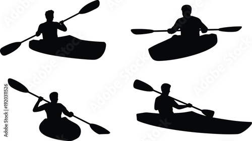 Kayak Canoe Paddler Silhouettes in Rowing Action Poses Isolated on White Background for Water Sport and Outdoor Adventure Concept