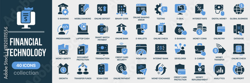 Financial technology fill icon collection. Includes online banking, mobile payment, credit card, transaction, e wallet, analytics and security symbols. Created in colored style with blue palette