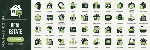 Real estate fill icon collection. Includes home, rental, realtor, investment, mortgage, building and property symbols. Created in colored style with green palette
