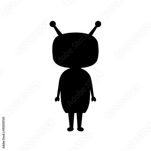 A simple black silhouette of a cute cartoon alien with antennae on a white background Vector, illustration