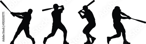 Set of Baseball Player Silhouettes in Batting Action Poses Isolated on White Background for Sports Competition Training and Athletic Concept