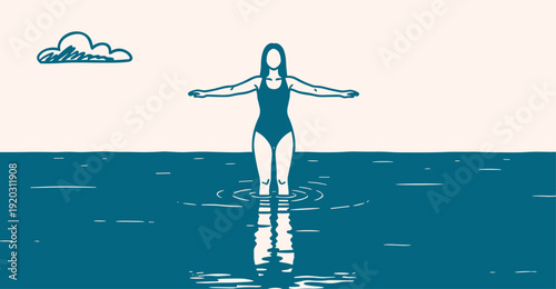 Woman standing in calm sea water with arms outstretched retro doodle, relaxation illustration