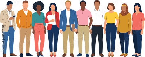 Multicultural business team standing together, diverse corporate professionals unity concept, inclusive workplace culture and workforce collaboration vector illustration isolated