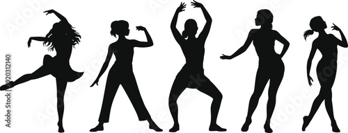 Set of Female Dancer Silhouettes in Expressive Dance Poses Isolated on White Background for Performance, Fitness and Choreography Concept