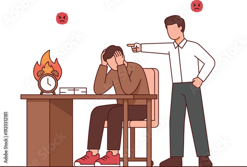 Stressed employee facing angry boss at office desk, workplace pressure, deadline anxiety, burnout concept illustration with flaming alarm clock