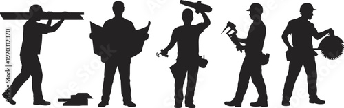 Silhouette of construction worker team with tools and blueprint, professional builders and contractors at work isolated on white background