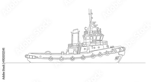 Detailed line drawing of a modern tugboat, side view, illustrating its robust design and maritime utility.