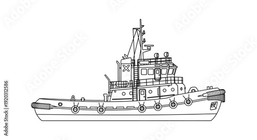 Detailed line drawing of a tugboat, side view, black and white illustration.
