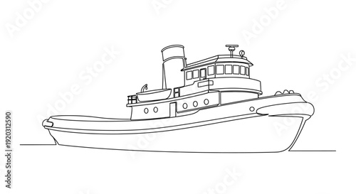 Continuous line drawing of a classic tugboat on a white background, depicting a sturdy marine vessel.