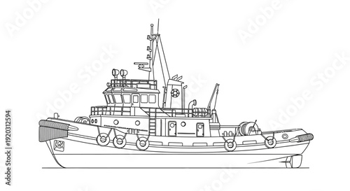 Detailed line drawing illustration of a modern tugboat, showcasing its robust design and maritime features.