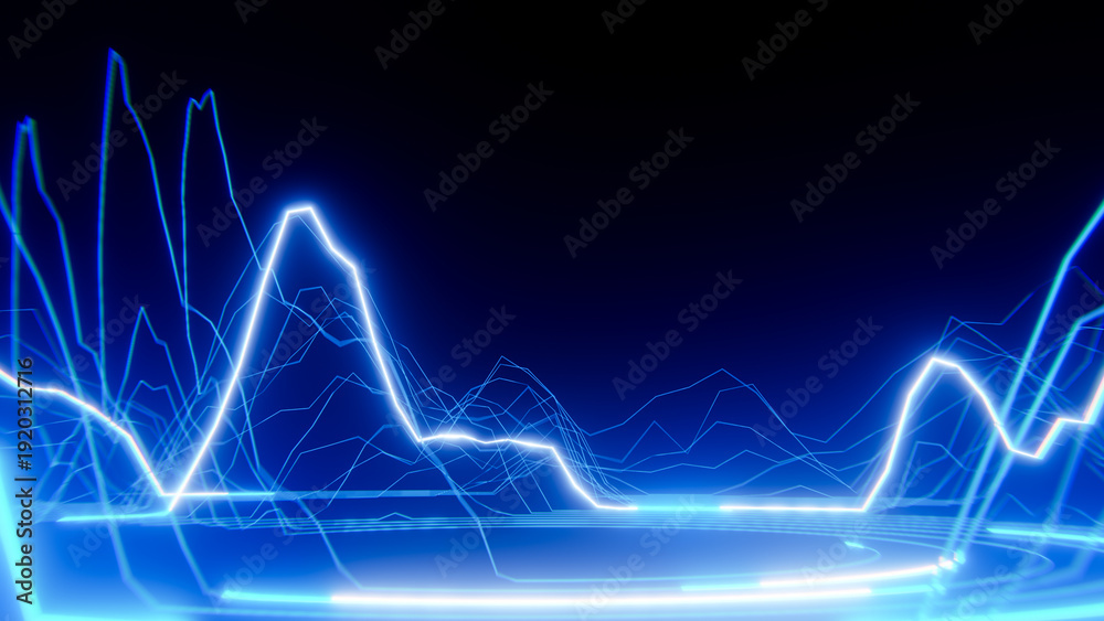 Naklejka premium Bright neon blue digital data stream flowing on dark background, representing modern technology and information flow