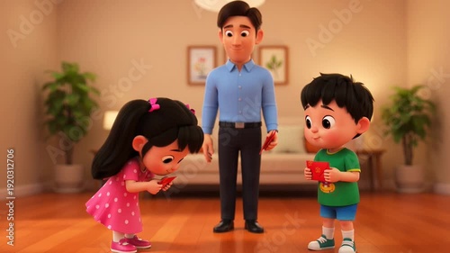 Animated Asian Family Giving Red Envelopes, Lunar New Year Celebration