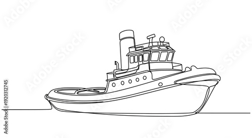 A detailed black and white line drawing of a tugboat floating on calm water.
