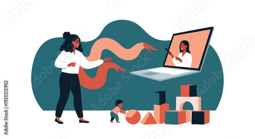 Modern professional woman balancing remote work demands with childcare responsibilities in a Corporate Memphis illustration for HR and B2B marketing collateral