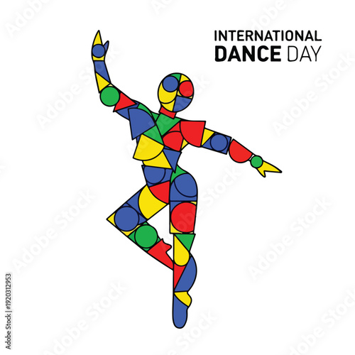 Colorful graphic illustration of a dancing figure composed of multicolored geometric shapes on a white background celebrating International Dance Day.