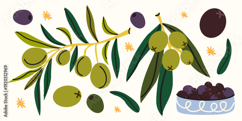 Fresh olive branches with green and black olives, leaves, bowl in flat cartoon style. Vector illustration for olive oil companies, organic mediterranean diet products and culinary services