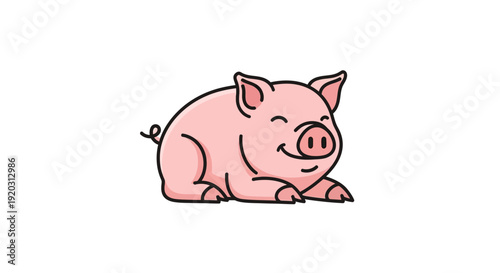 Cute Pink Pig Illustration Lying Down Smiling Contentedly