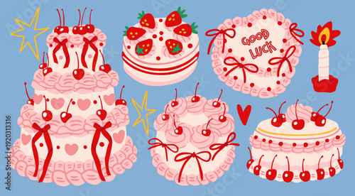 Various delicious Cakes with cherry, cream, strawberry. Sweet tasty food. Hand drawn trendy Vector illustration. Isolated design elements. Party, wedding, anniversary, celebration, birthday concept