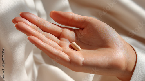 Asian woman open palm holding single beige capsule with soft light on skin, health and wellness concept