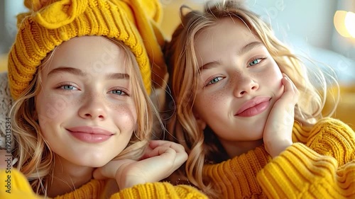 Two Young Girls Wearing Yellow Knitwear Smiling.