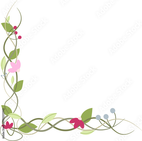 Whimsical corner border of intertwining green vines, delicate pink and dark red flowers, and clusters of pale blue berries, decorative vector illustration for spring themed stationery and invitations.